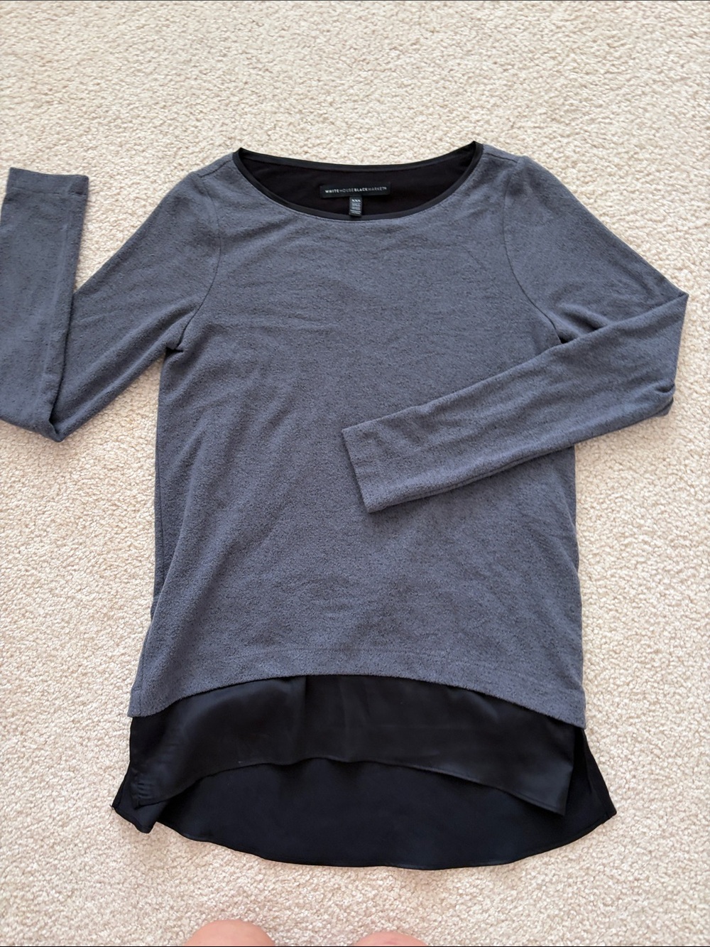 White House Black Market Gray Knit Long-Sleeve Top with Black Layered Hem